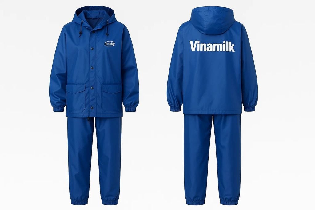 Đồ bộ gồm áo và quần áo mưa Vinamilk in logo màu trắng
