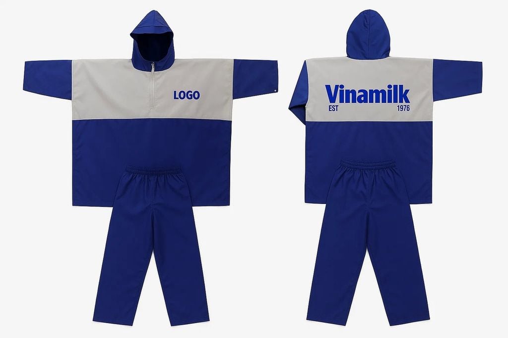 Thiết kế đồ bộ áo mưa Vinamilk in logo màu xanh, khoảng ngực xám