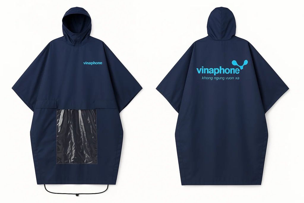 Mẫu áo mưa Vinaphone dạng mũ liền, chất liệu PVC bóng nhẹ, phản quang khi có ánh sáng.