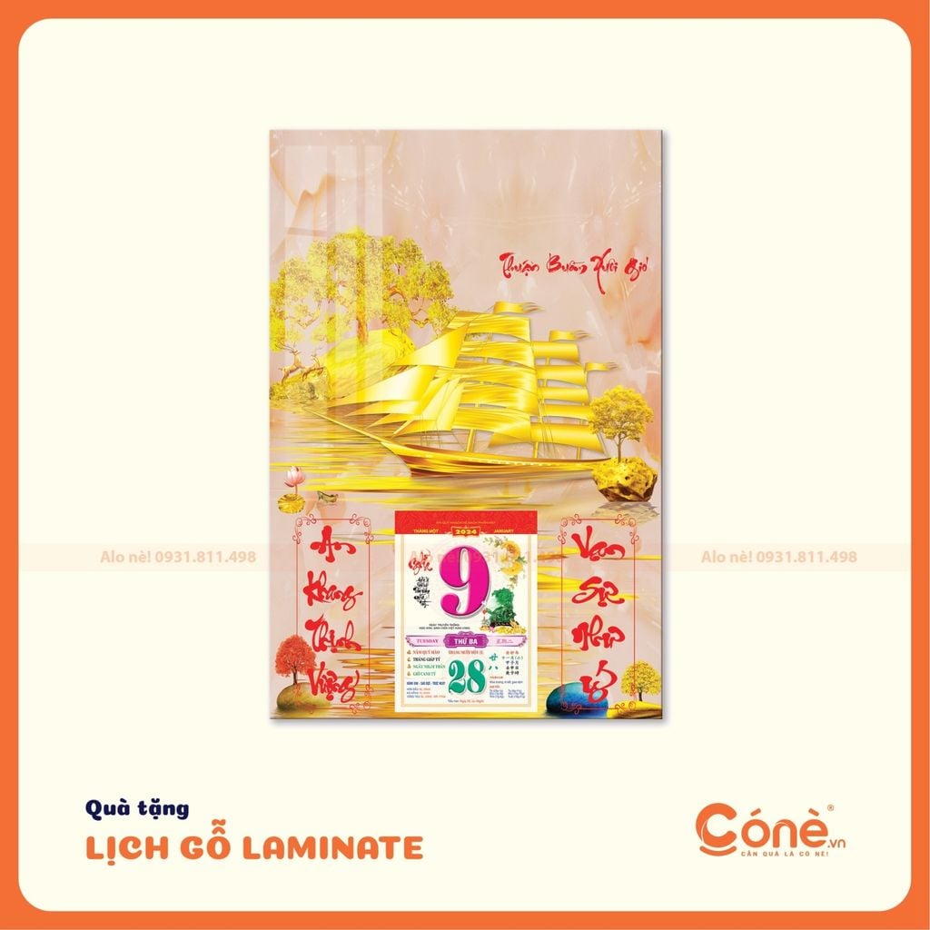 Mẫu lịch gỗ treo tường đẹp, sang trọng với biểu tượng thuyền vàng