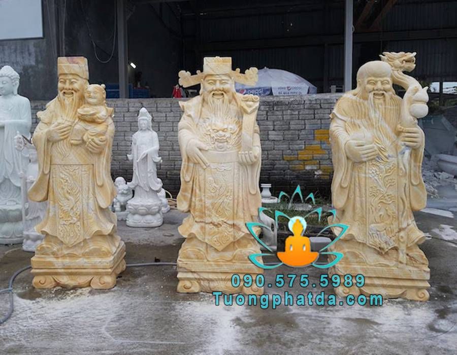 Bộ tượng Phúc Lộc Thọ bằng đá vàng đẹp Đà Nẵng cao 1.8m