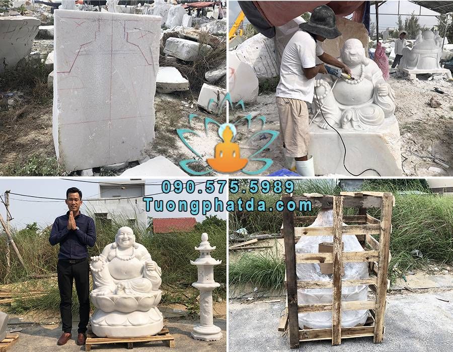 Tượng phật di lặc ngồi bằng đá trắng cao 1.2m về chùa tại Bình Định