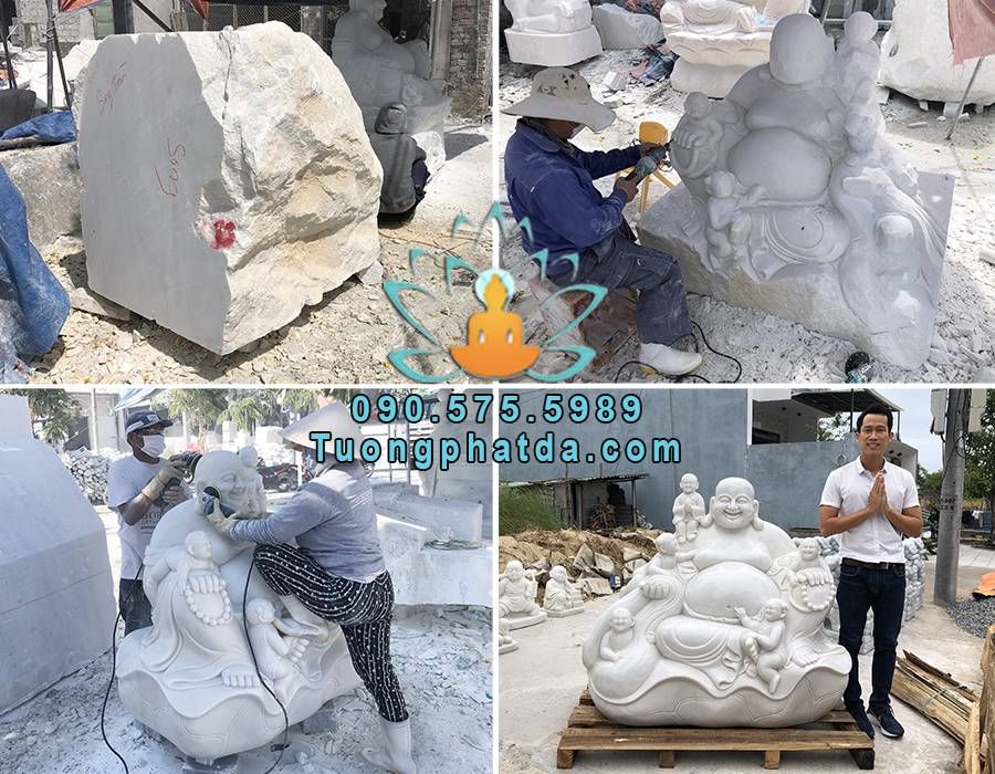Tượng phật di lặc ngũ phúc bằng đá trắng cao 1.2m về chùa tại Sài Gòn