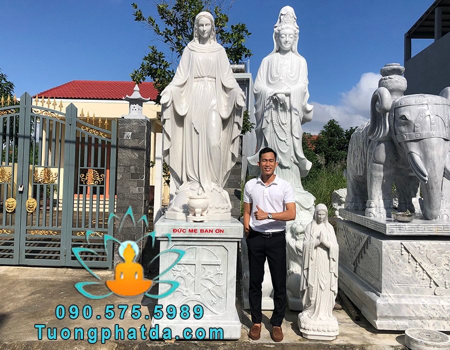Điêu Khắc Tượng Đức Mẹ Ban Ơn Bằng Đá Trắng Đẹp Cao 2m