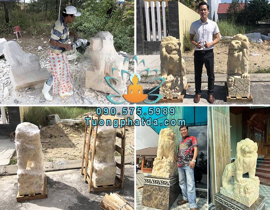 Tượng sư tử đá cẩm thạch vàng cao 1.2m cho khách Lào