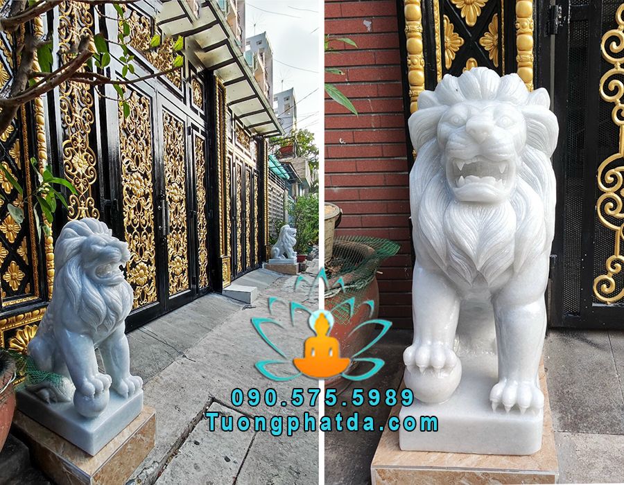 Tượng sư tử ngồi đá trắng cao 1.2m hoàn thiện về khách tại Đà Lạt