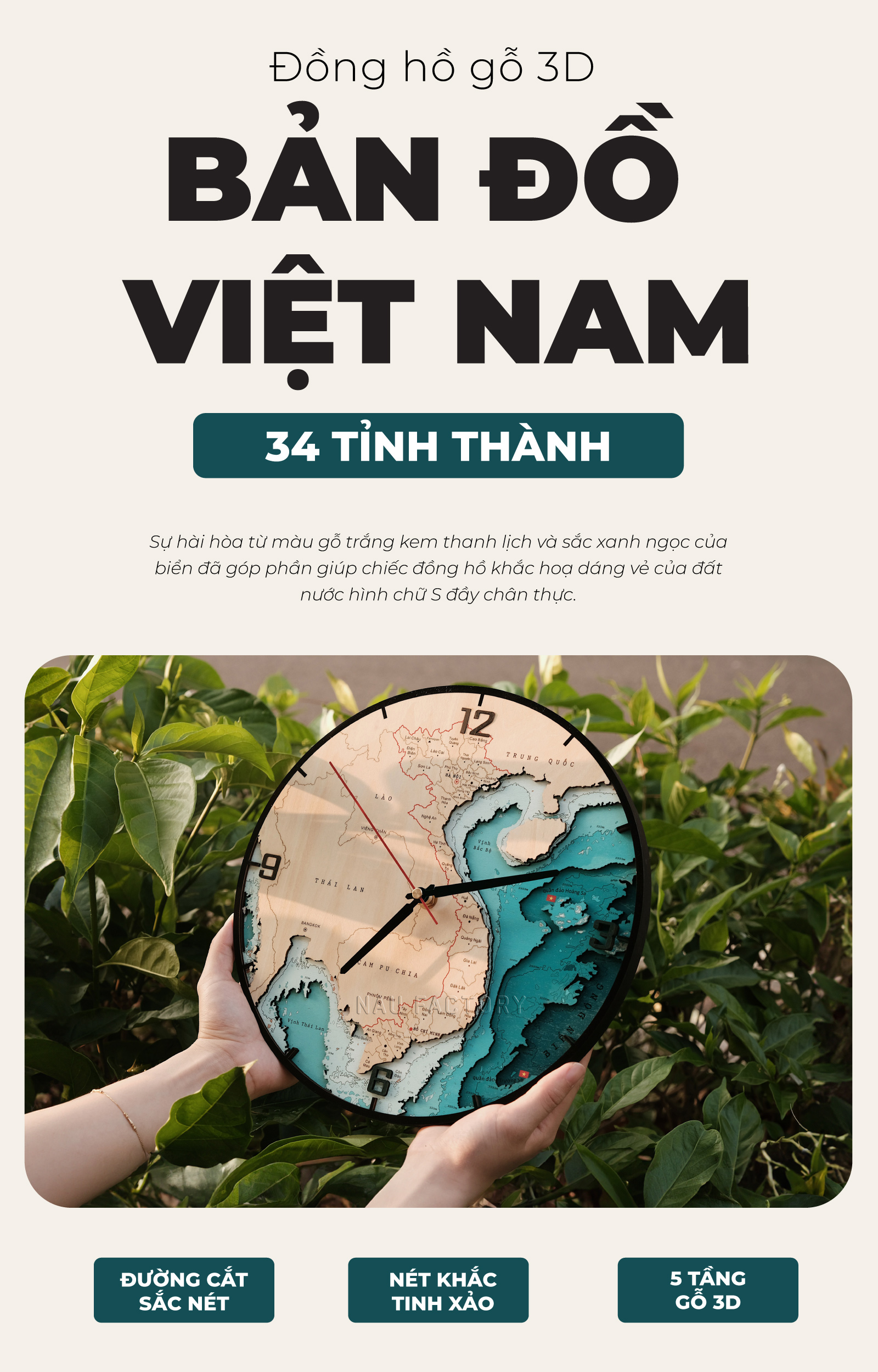 Đồng hồ gỗ để bàn bản đồ Việt Nam 34 tỉnh thành