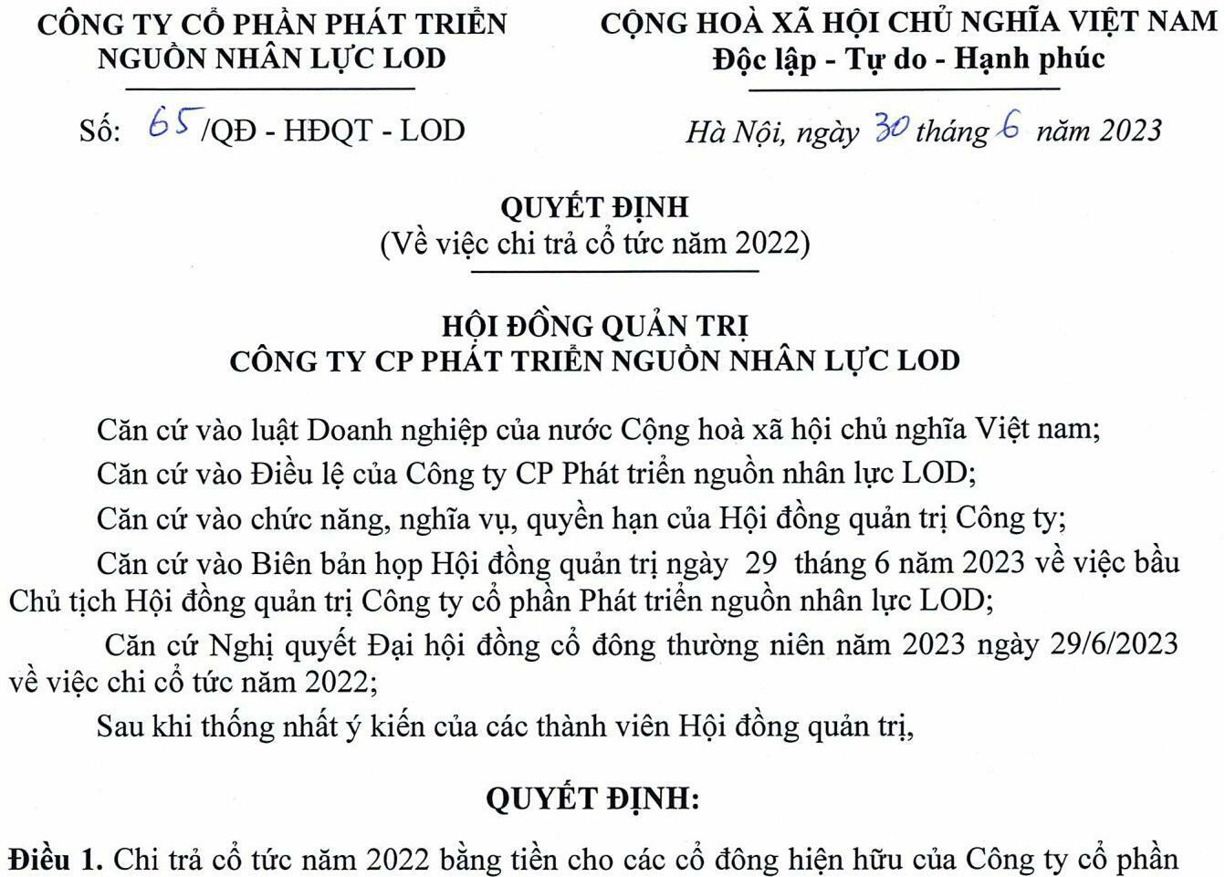 Quyết định về việc chi trả cổ tức năm 2022