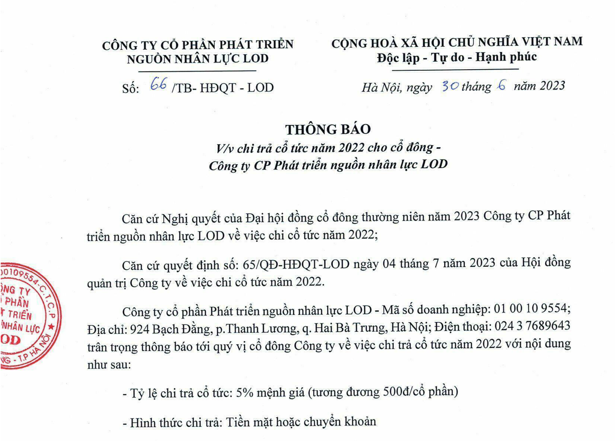 Thông báo về việc chi trả cổ tức năm 2022 cho cổ đông - Công Ty CPPT Nguồn nhân lực LOD