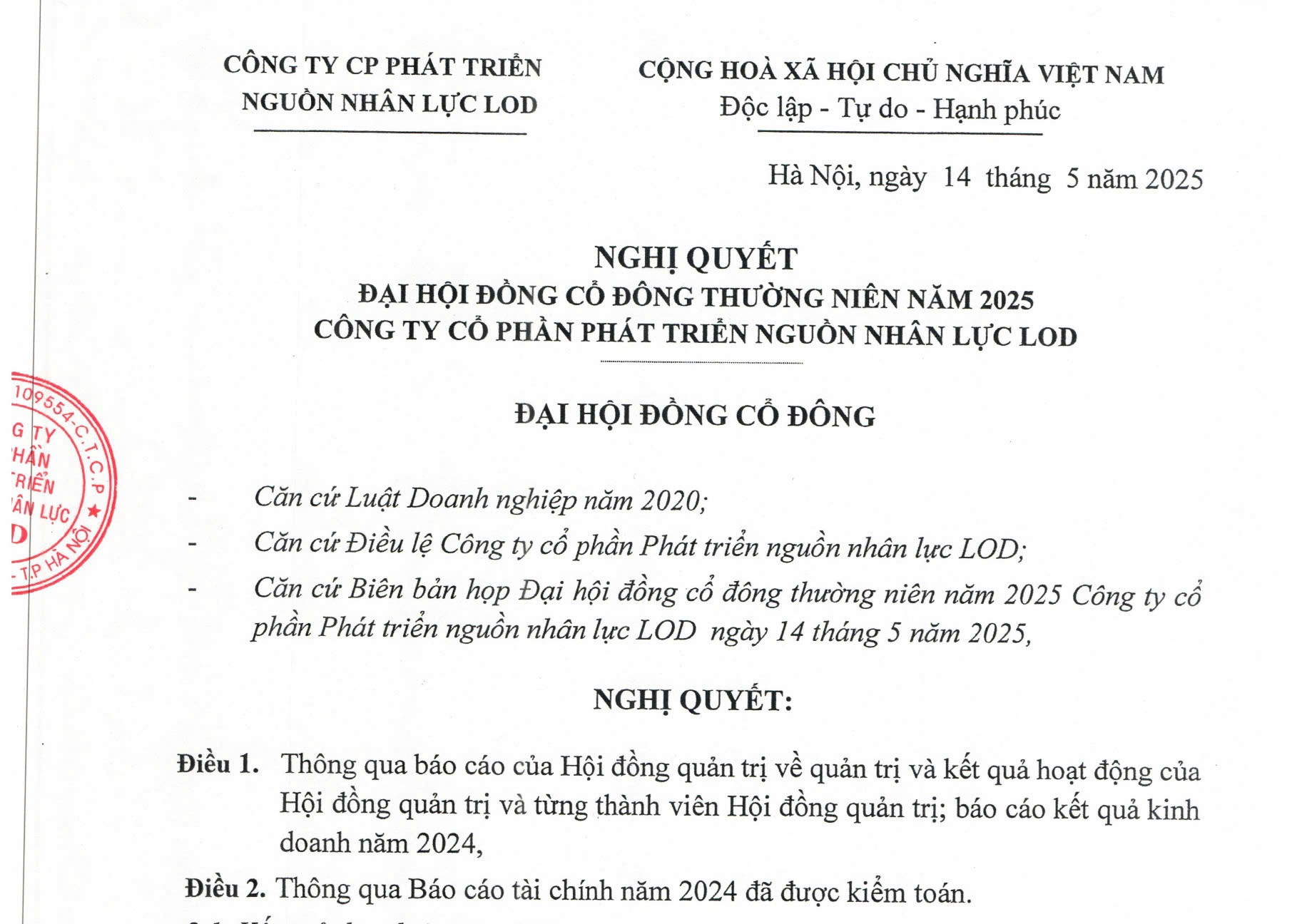 Nghị quyết Đại hội đồng cổ đông thường niên năm 2025 ngày 14/05/2025_Công ty CPPT Nguồn nhân lực LOD