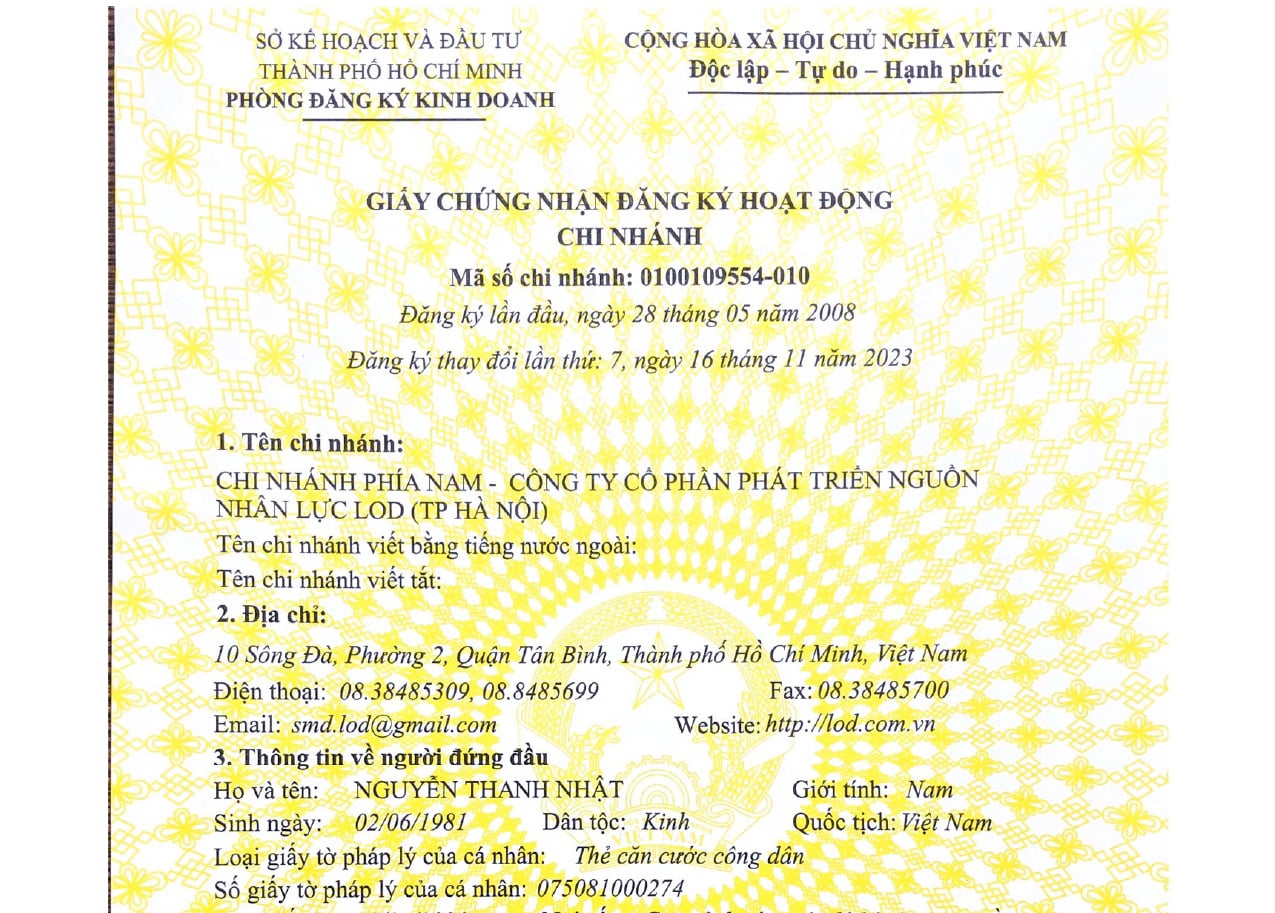 Giấy chứng nhận đăng ký hoạt động chi nhánh