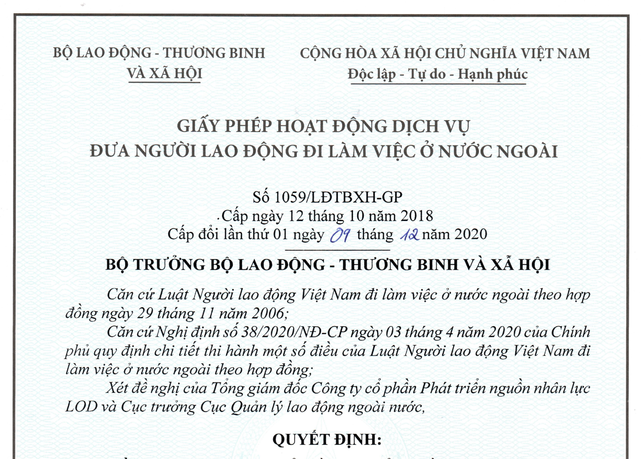 Giấy phép hoạt động dịch vụ đưa người lao động đi làm việc ở nước ngoài
