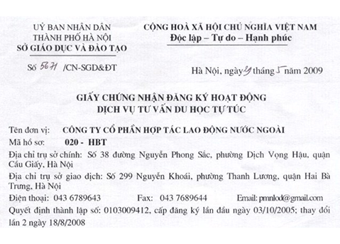 Giấy chứng nhận đăng ký hoạt động dịch vụ tư vấn du học tự túc
