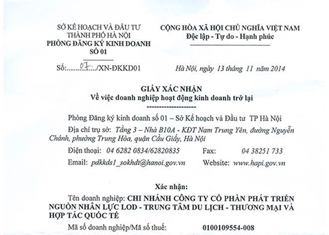 Xác nhận hoạt động kinh doanh trở lại chi nhánh Công ty cổ phần phát triển nguồn nhân lực LOD - Trung tâm Du lịch - Thương mại và Hợp tác quốc tế