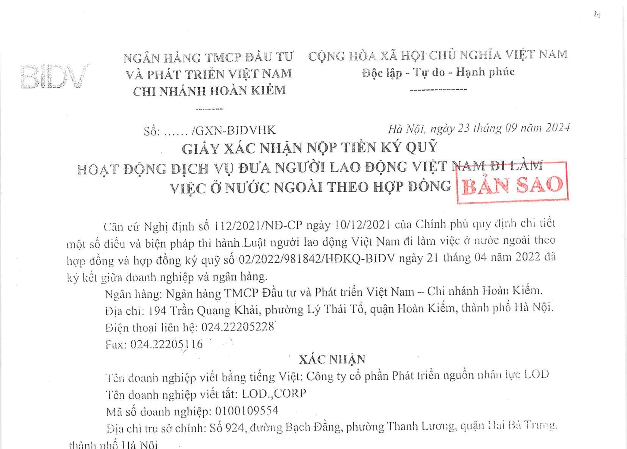 GIẤY XÁC NHẬN NỘP TIỀN KÝ QUỸ HOẠT ĐỘNG DỊCH VỤ ĐƯA NGƯỜI LAO ĐÔNG VIỆT NAM ĐI LÀM VIỆC Ở NƯỚC NGOÀI THEO HỢP ĐỒNG