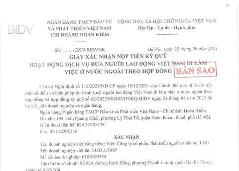 GIẤY XÁC NHẬN NỘP TIỀN KÝ QUỸ HOẠT ĐỘNG DỊCH VỤ ĐƯA NGƯỜI LAO ĐÔNG VIỆT NAM ĐI LÀM VIỆC Ở NƯỚC NGOÀI THEO HỢP ĐỒNG