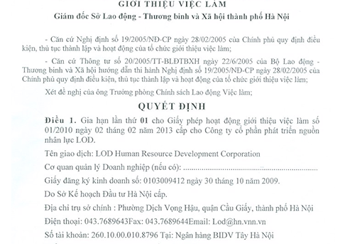 Quyết định gia hạn giấy phép hoạt động giới thiệu việc làm