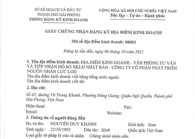 GIẤY CHỨNG NHẬN ĐĂNG KÝ ĐỊA ĐIỂM KINH DOANH