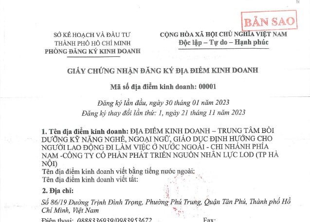 GIẤY CHỨNG NHẬN ĐĂNG KÝ ĐỊA ĐIỂM KINH DOANH
