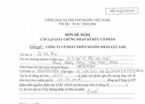ĐƠN ĐỀ NGHỊ CẤP LẠI GIẤY CHỨNG NHẬN SỞ HỮU CỔ PHẦN