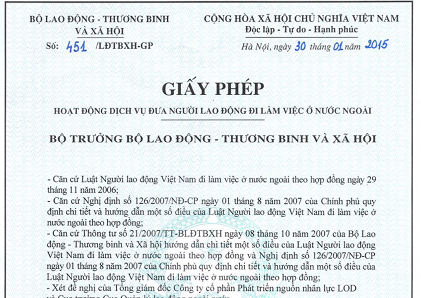 PERMIT TO SEND WORKERS OVERSEAS