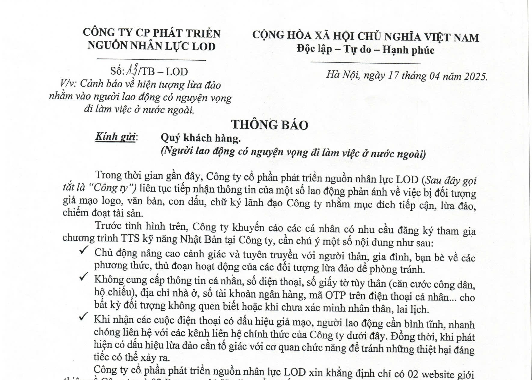 Cảnh báo về tình trạng lừa đảo nhằm vào người lao động