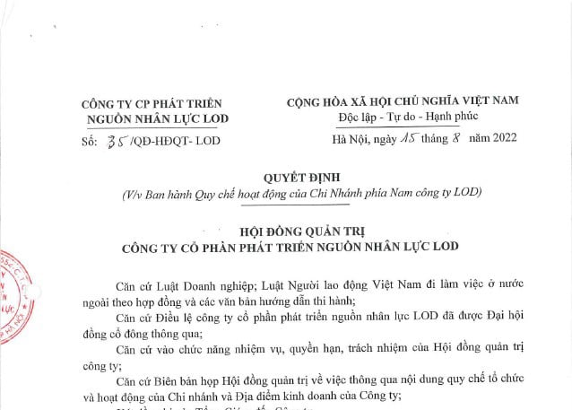 Quyết định V/v Ban hành Quy chế hoạt động của Chi Nhánh phía Nam công ty LOD