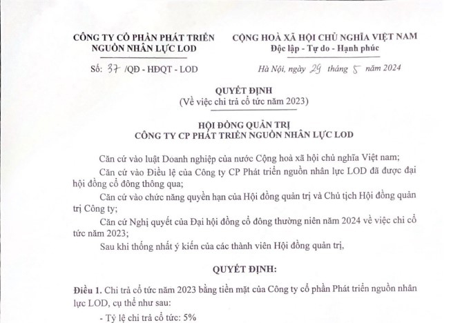 QUYẾT ĐỊNH VỀ VIỆC CHI TRẢ CỔ TỨC NĂM 2023