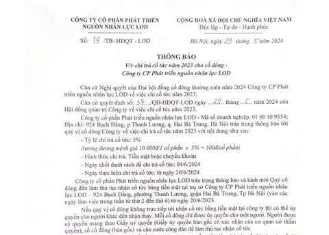 Thông báo về việc chi trả cổ tức năm 2023 cho cổ đông - Công Ty CPPT Nguồn nhân lực LOD