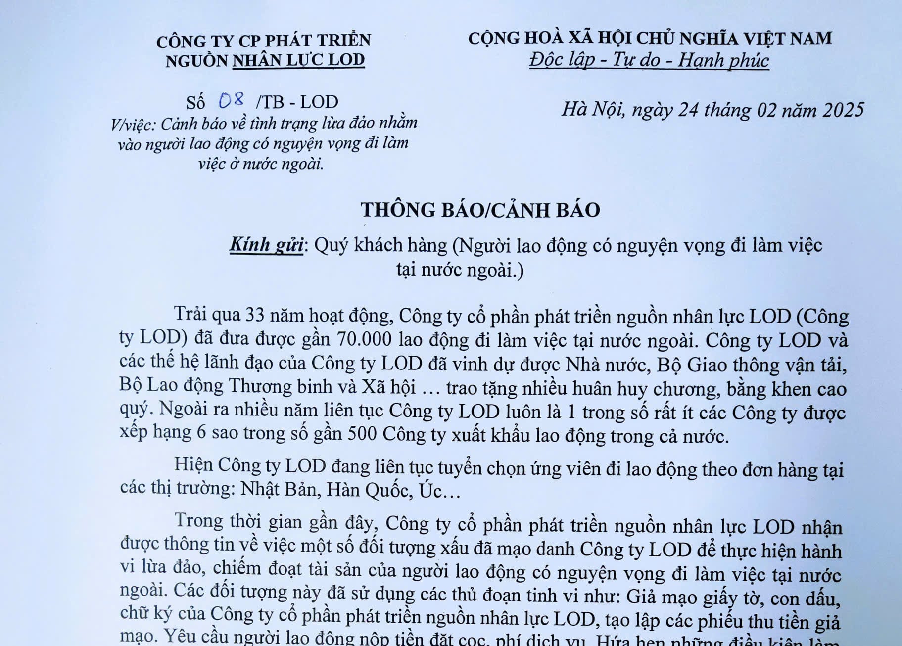 Cảnh báo về tình trạng lừa đảo nhằm vào người lao động có nguyện vọng đi làm việc ở nước ngoài.