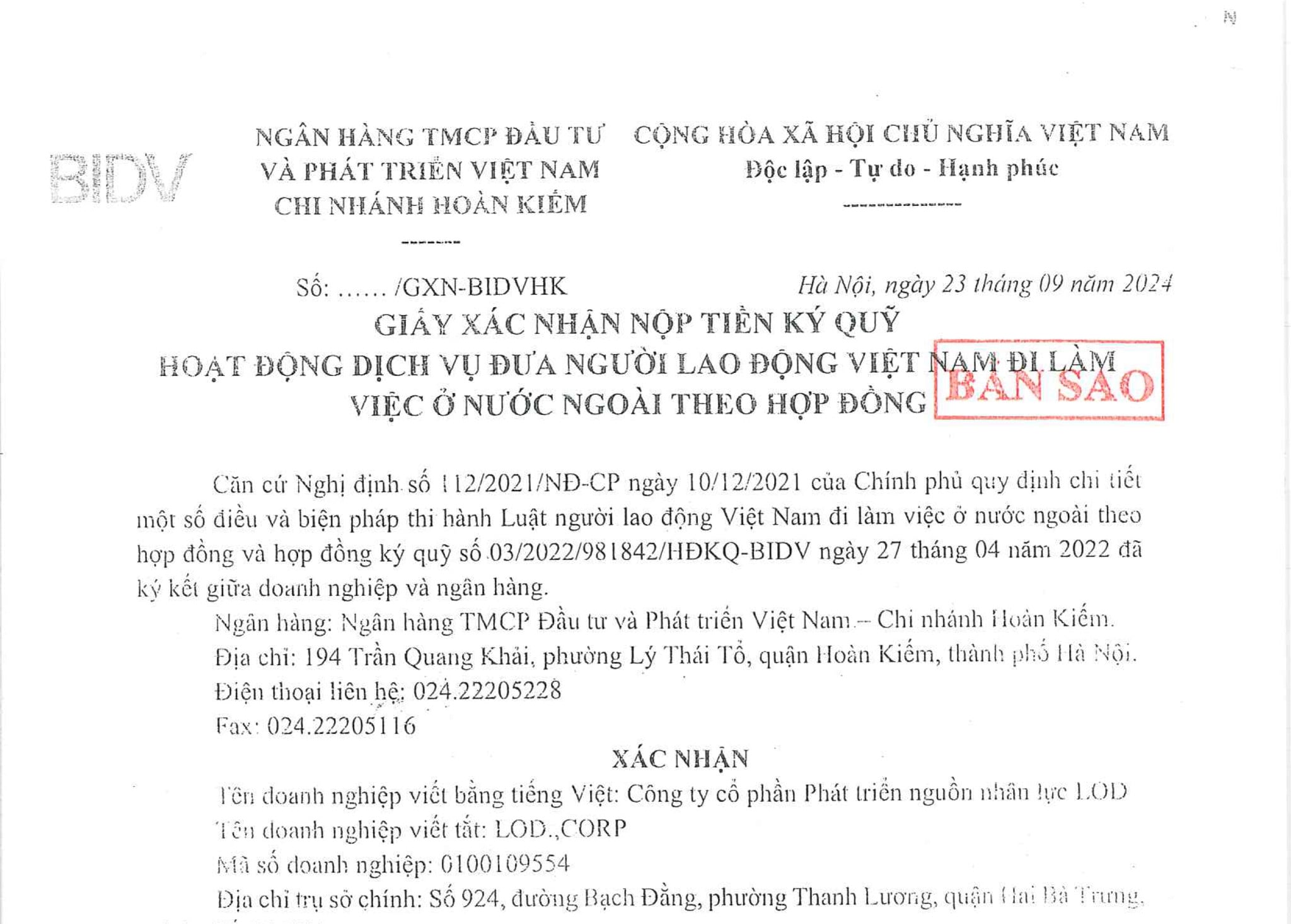 GIẤY XÁC NHẬN NỘP TIỀN KÝ QUỸ HOẠT ĐỘNG DỊCH VỤ ĐƯA NGƯỜI LAO ĐÔNG VIỆT NAM ĐI LÀM VIỆC Ở NƯỚC NGOÀI THEO HỢP ĐỒNG