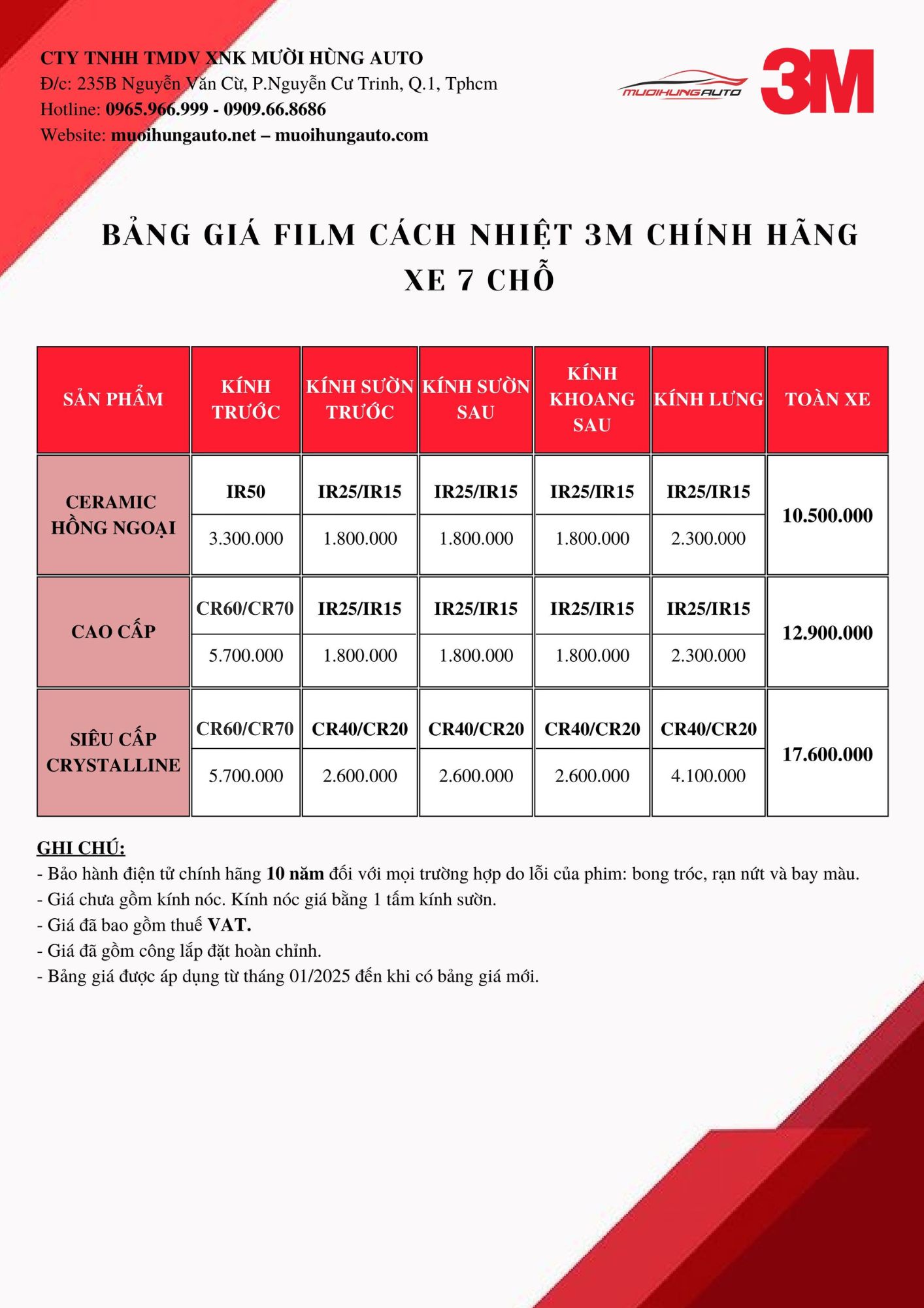 Bảng giá phim cách nhiệt 3M xe 7 chỗ