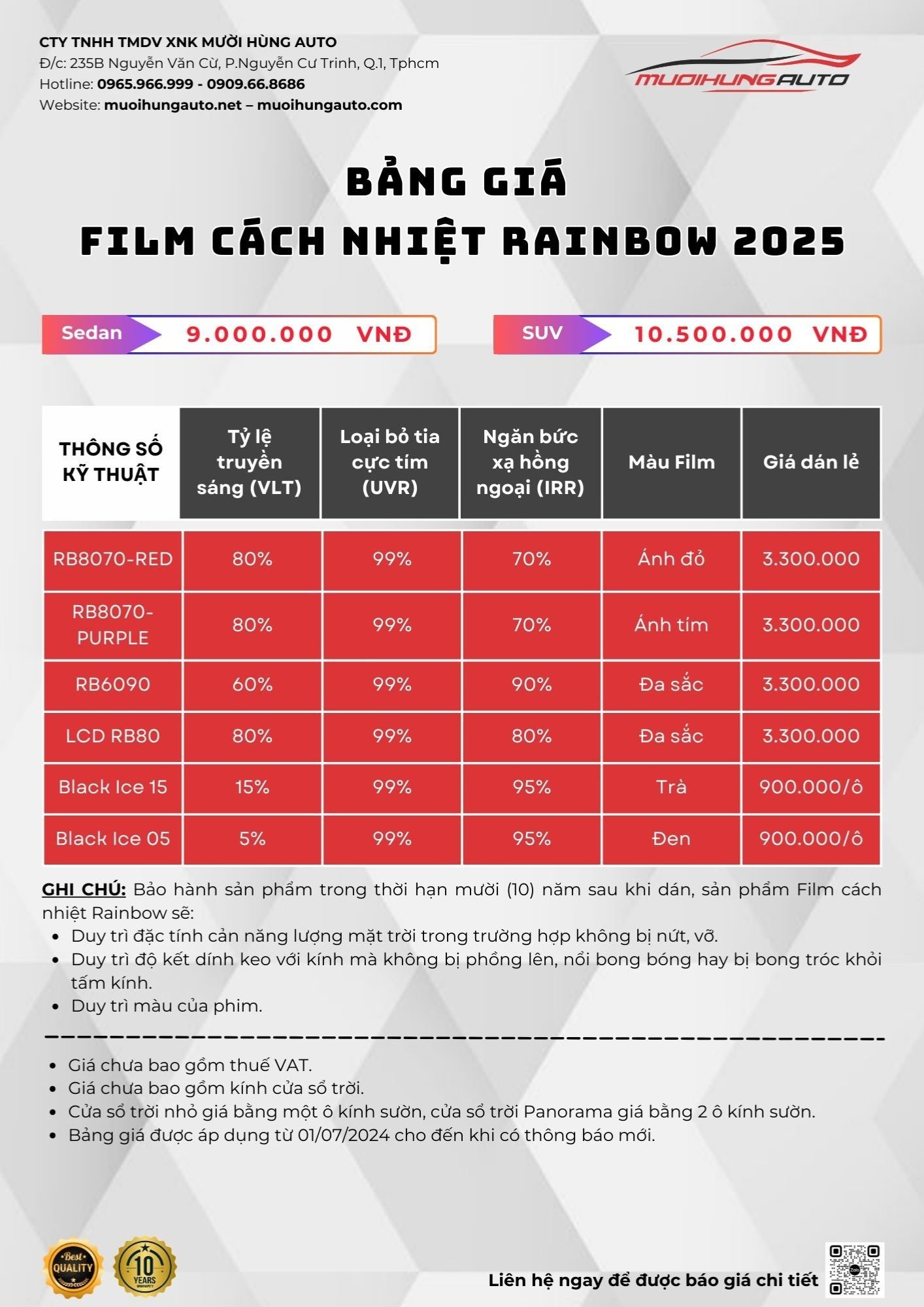 Bảng giá phim cách nhiệt Rainbow