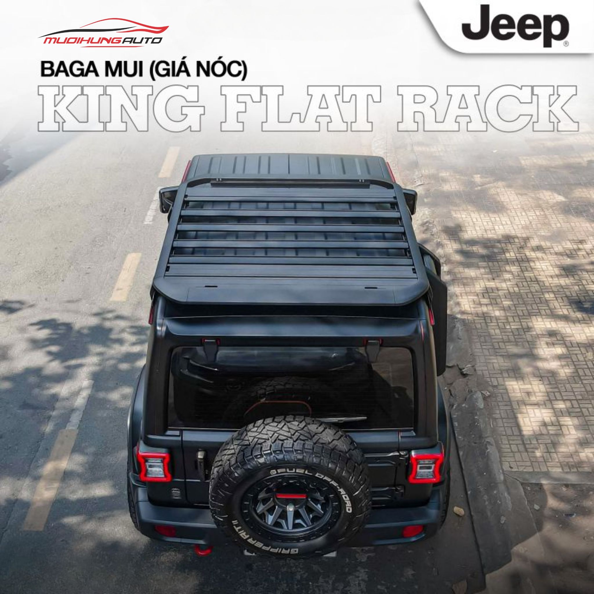 Giá nóc chở đồ Nhôm King Flat Rack xe Jeep Wrangler & Gladiator (có thang lên xuống)