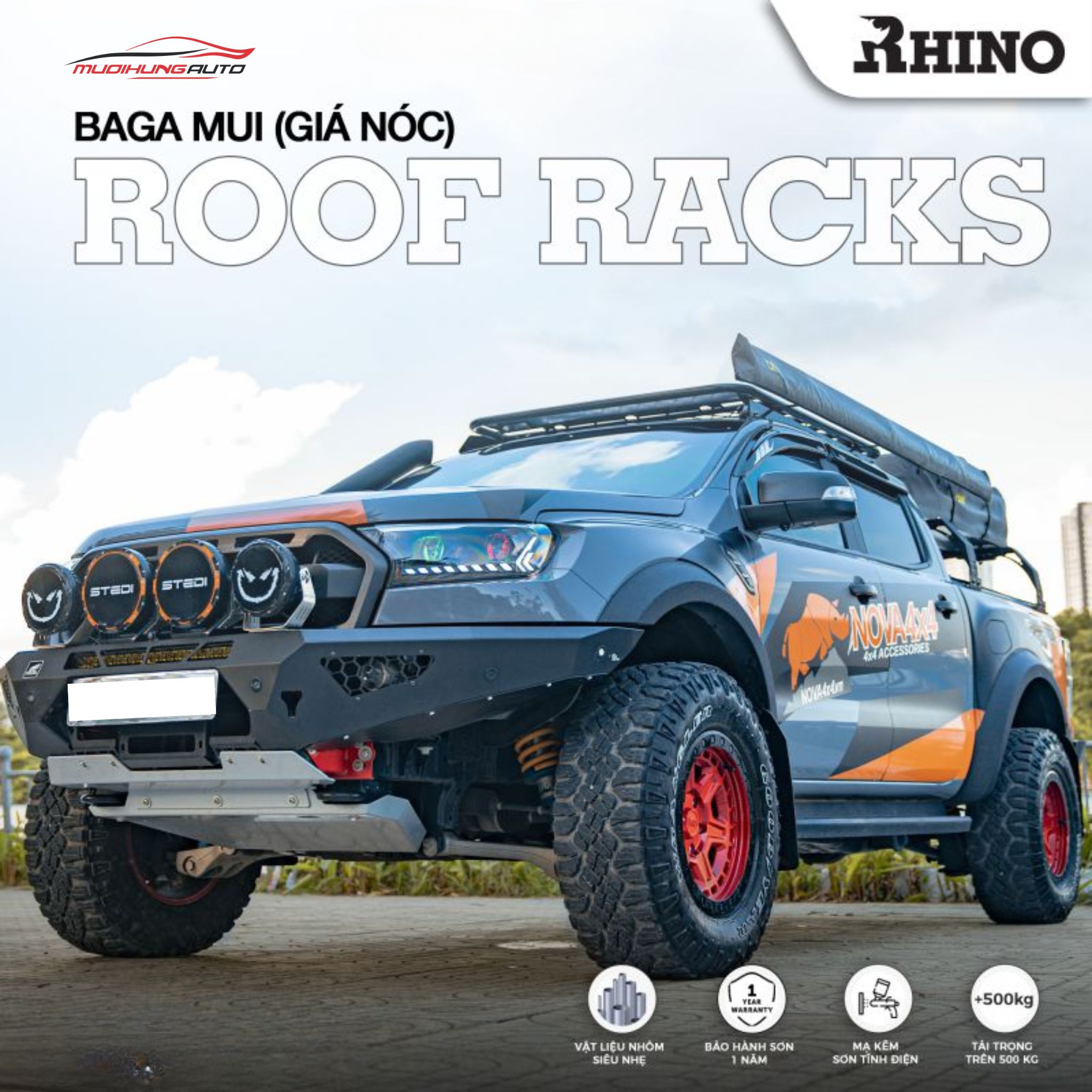 Giá nóc chở đồ nhôm Rhino xe bán tải (Mẫu phẳng)