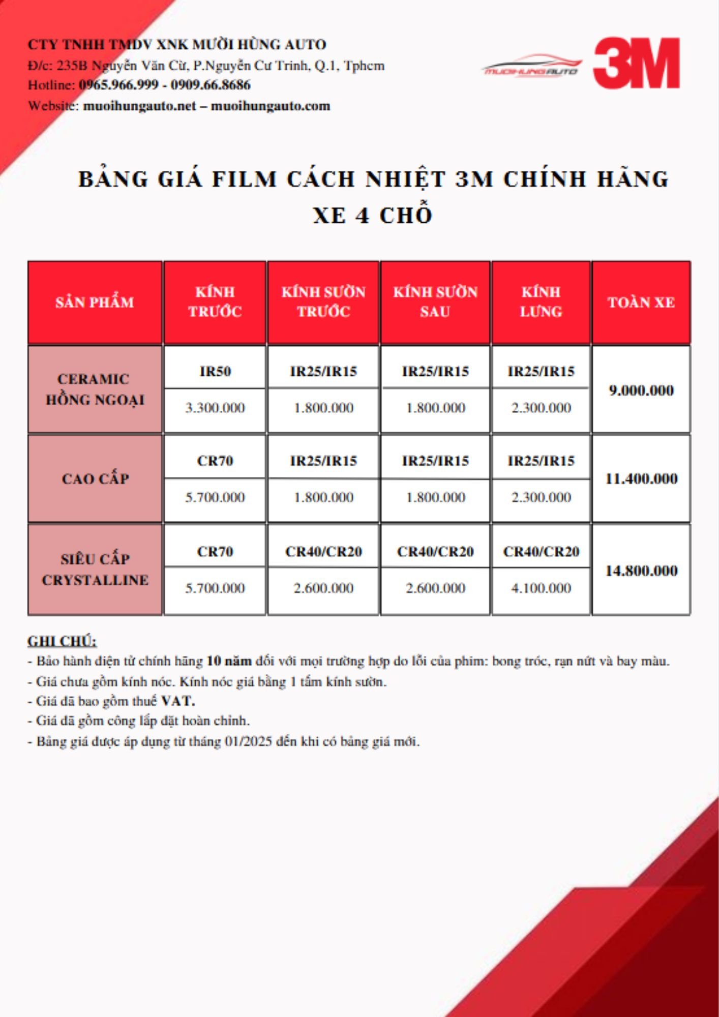 bảng giá phim cách nhiệt 3M chính hãng xe 4 chỗ
