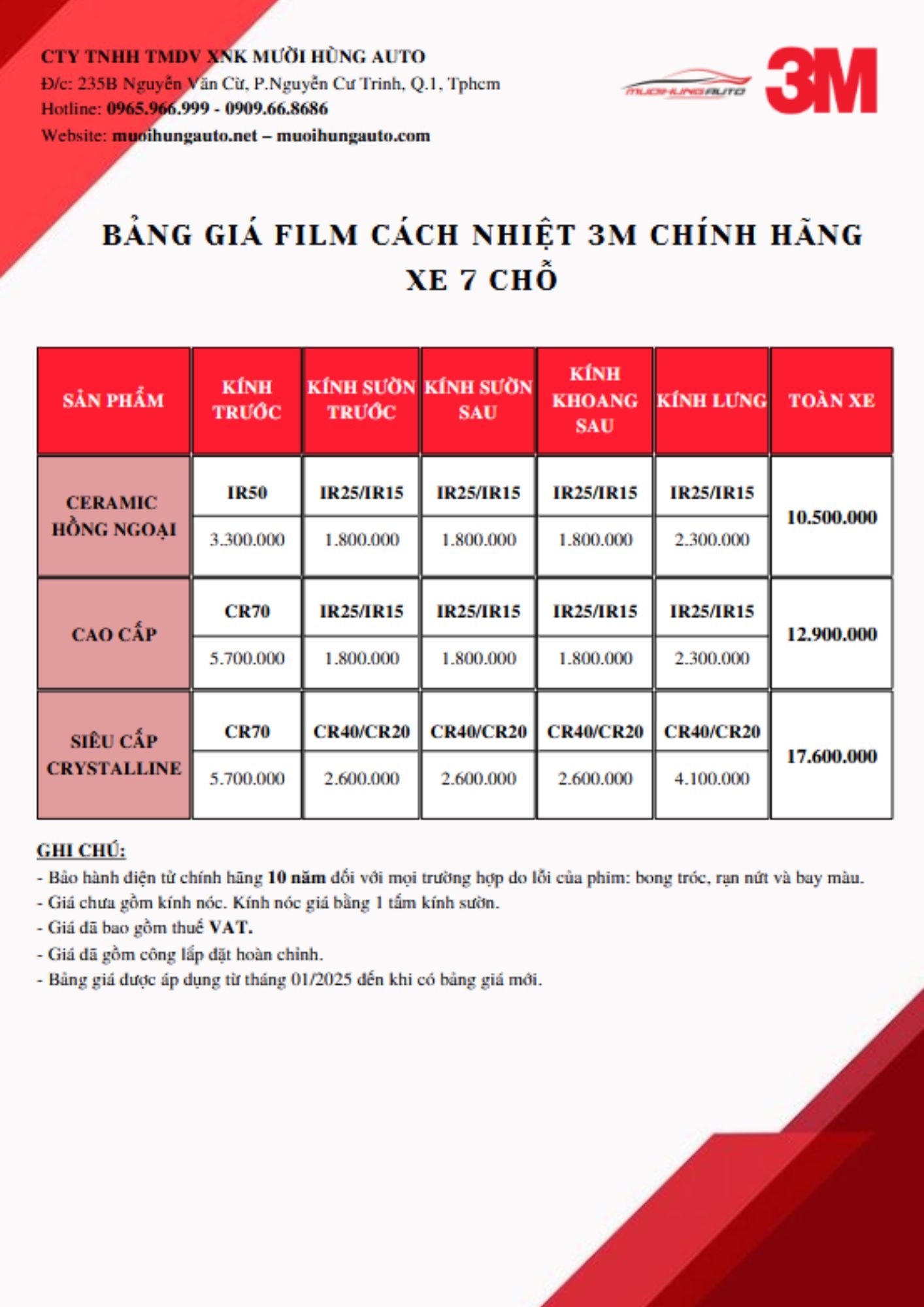 bảng giá phim cách nhiệt 3M chính hãng xe 7 chỗ