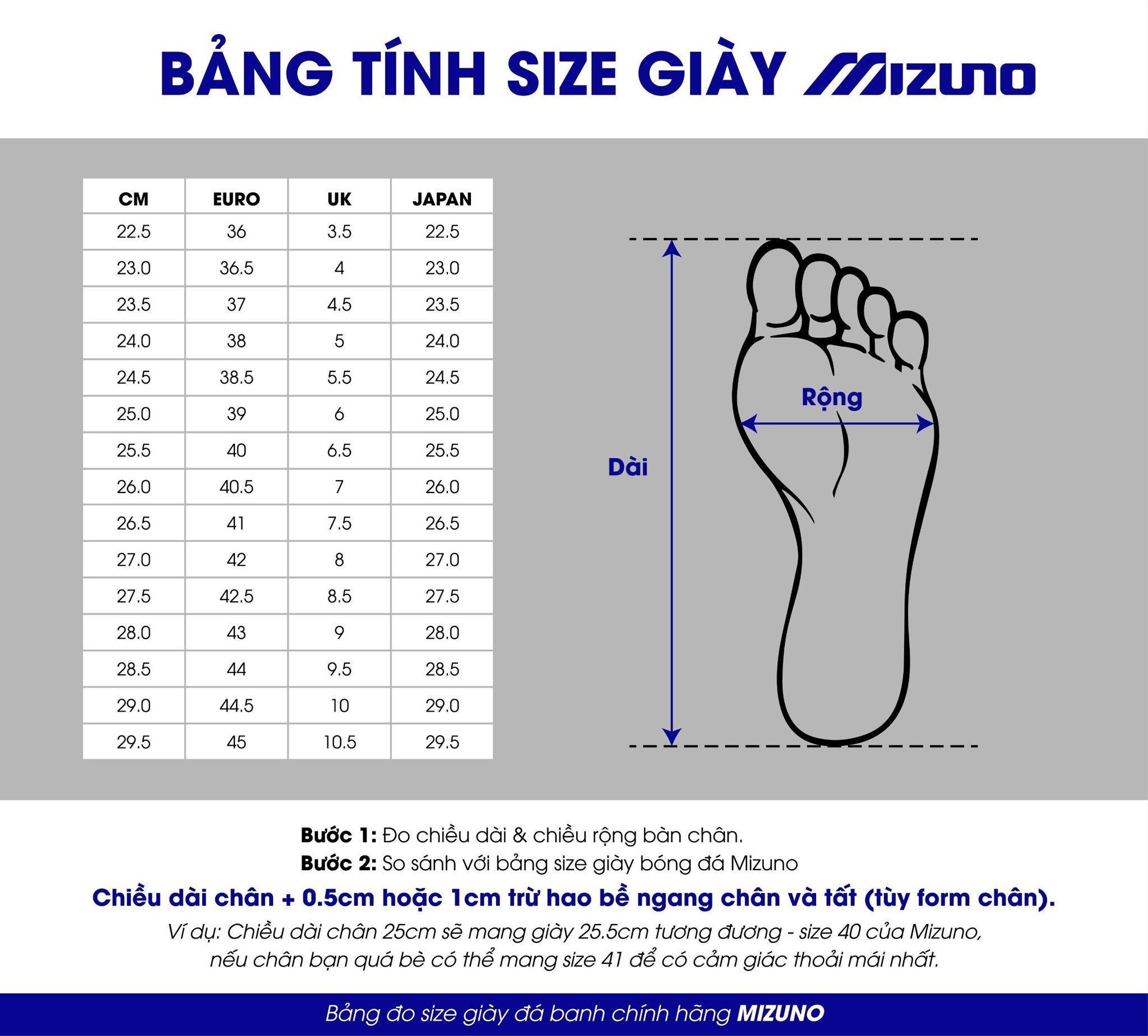 bảng size giày bóng đá mizuno