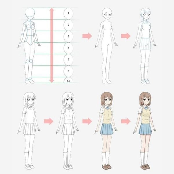 Cách vẽ dáng người anime nữ đơn giản - How to draw basic shape female anime  body | August art - YouTube