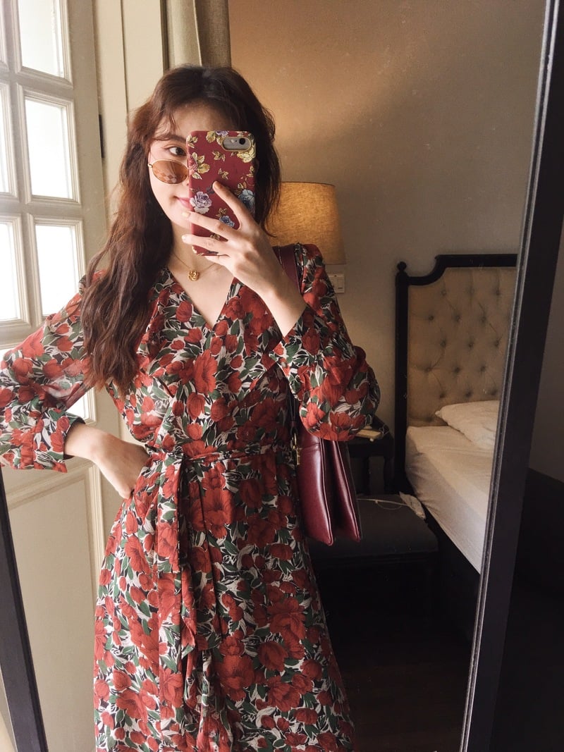 Váy vintage họa tiết hoa li ti - sakurafashion.vn