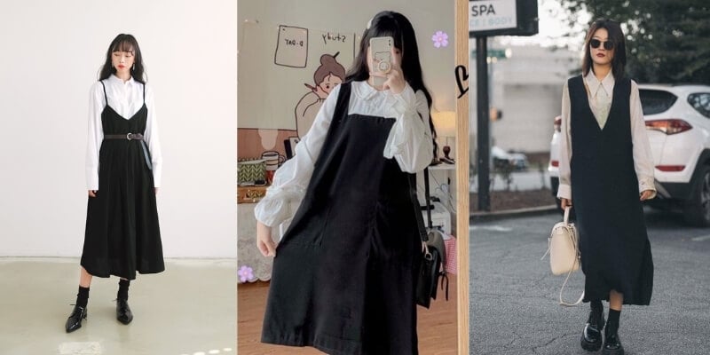 Sét Váy Yếm Đen Cúc Dọc Thân Thắt Nơ Vai Kèm Áo Sơ Mi Hàn Quốc - Đầm, váy  nữ | ThờiTrangNữ.vn