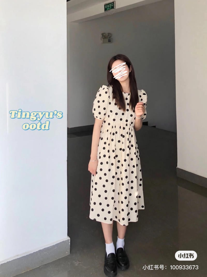 ĐẦM CHẤM BI ĐUÔI CÁ XANH NGỌC CỔ TRÒN TAY NGẮN - Đầm, váy nữ |  ThờiTrangNữ.vn