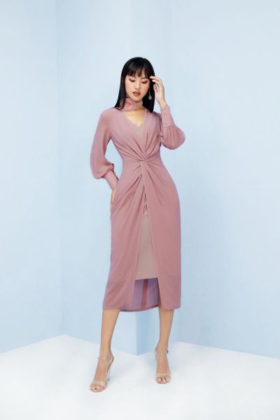 Váy maxi lụa tơ tằm màu hồng vỏ đỗ đậm (VL.137)