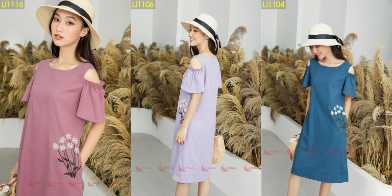 Váy linen cổ yếm thêu tay bông cúc