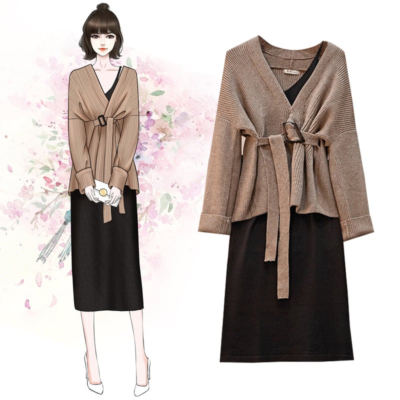 CHM024 - Váy len nữ dáng suông, thời trang thu đông, phong cách Hàn Quốc -  Camel