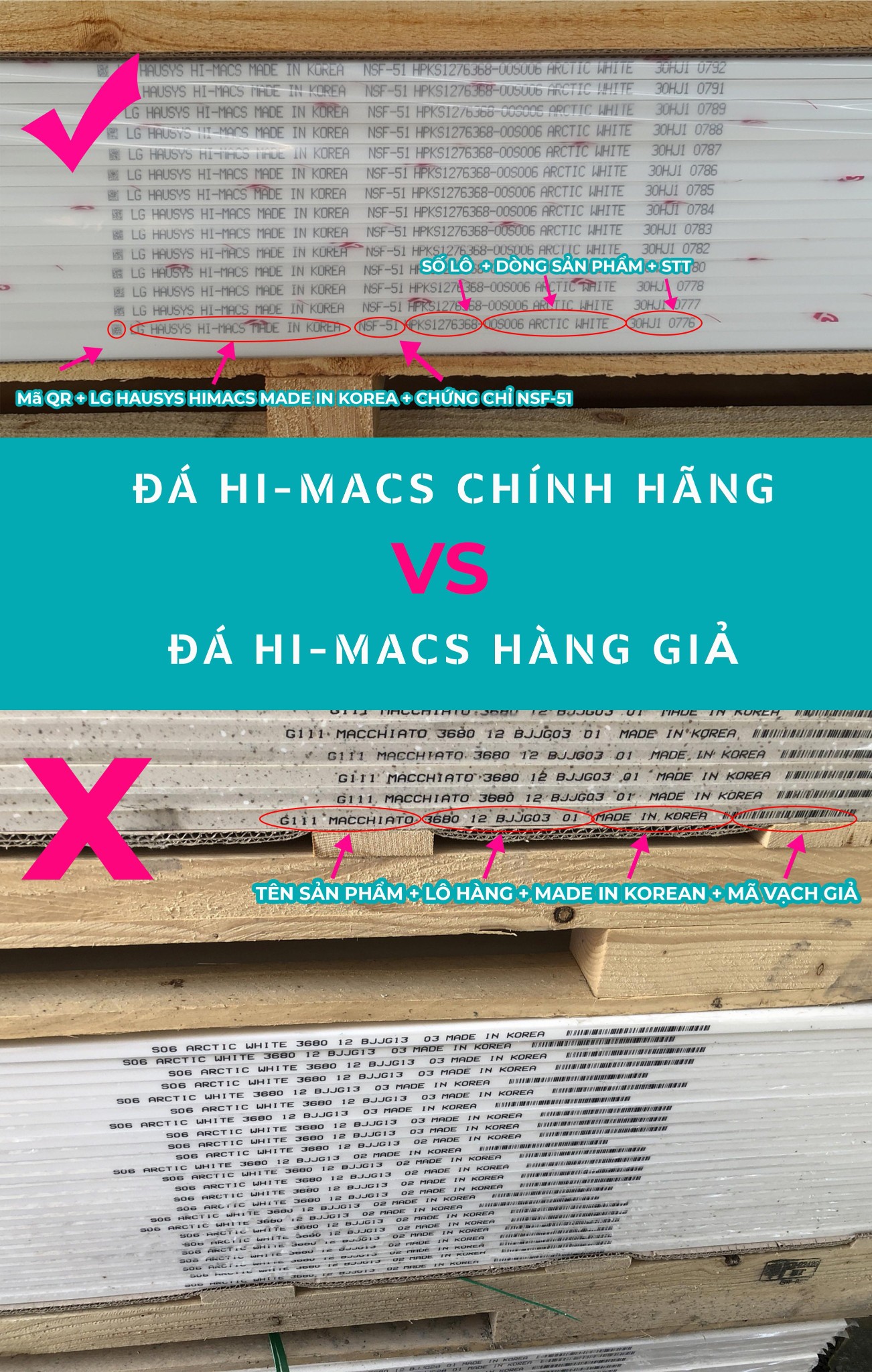 cach phan biet da nhan tạo hi-macs that va gia