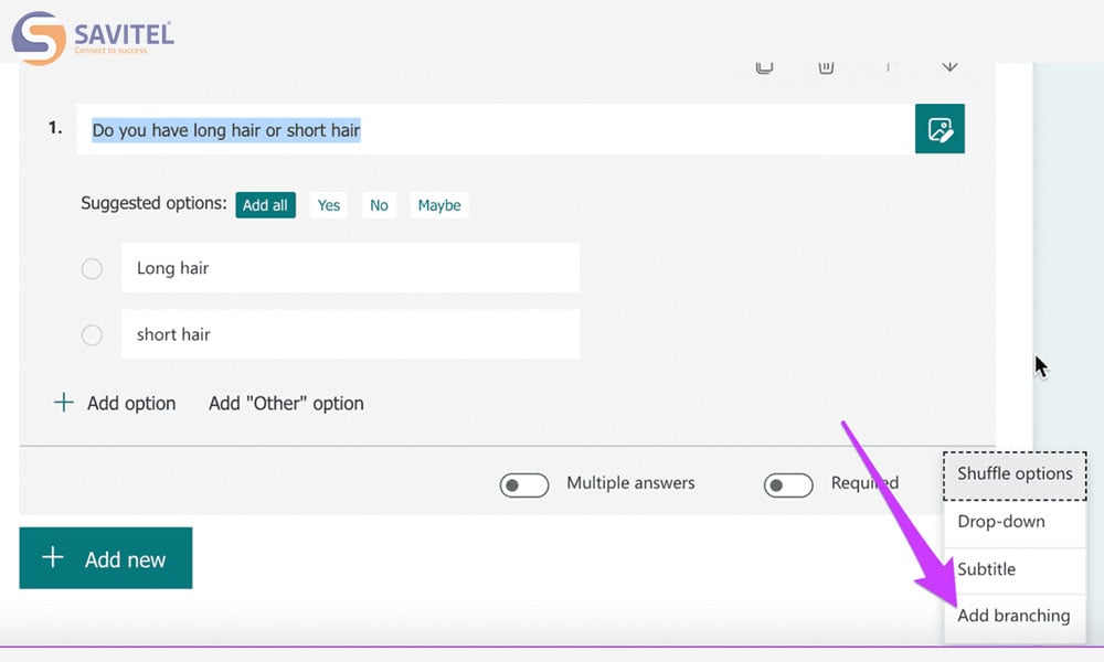 Giao diện tính năng tạo nhánh câu hỏi trên Microsoft Forms