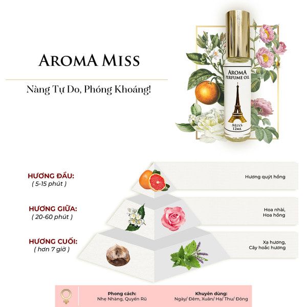 Tinh dầu nước hoa Aroma Miss Dior là sự kết hợp tinh tế giữa các tầng hương