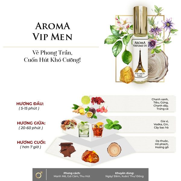 Mùi hương của Aroma Vip Men là sự pha trộn độc đáo giữa tươi mát và gợi cảm