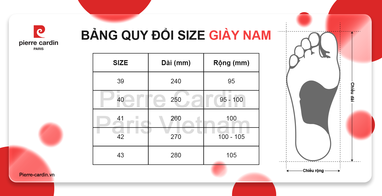 Bảng Size Giày Nam Pierre Cardin